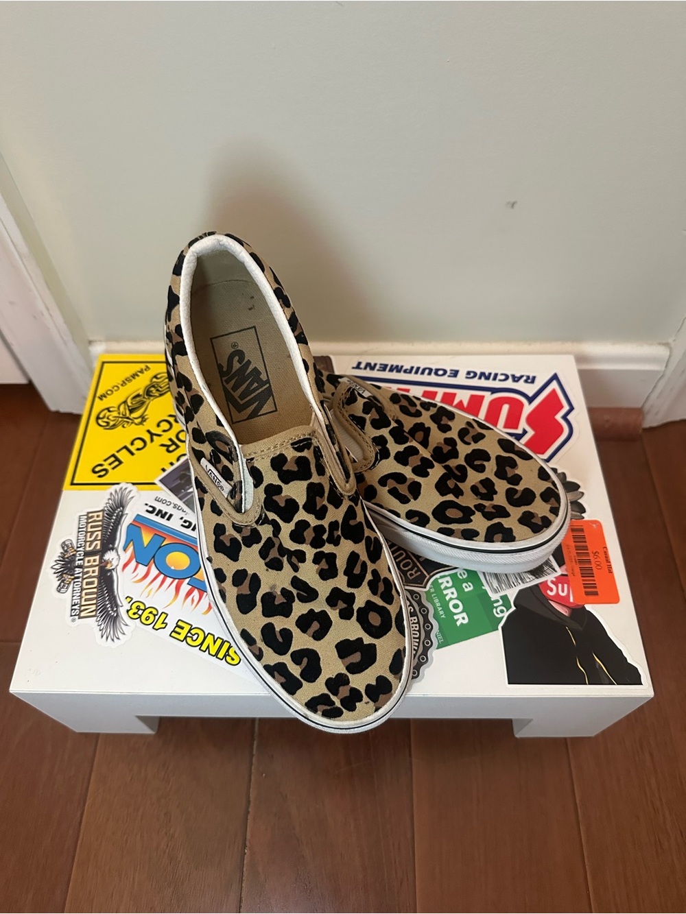 Vans Woman Slip-On Sneakers Size 6 Tan and Black Leopard